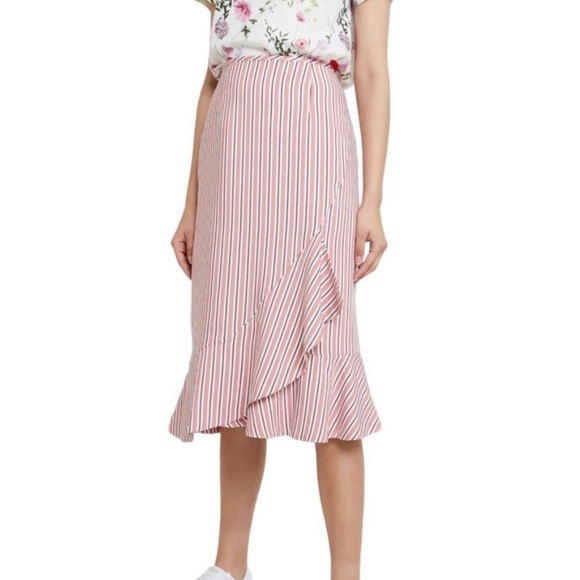 NWT TED BAKER Coryn High Waist Ruffled Striped Pencil Midi Skirt - Picture 1 of 11